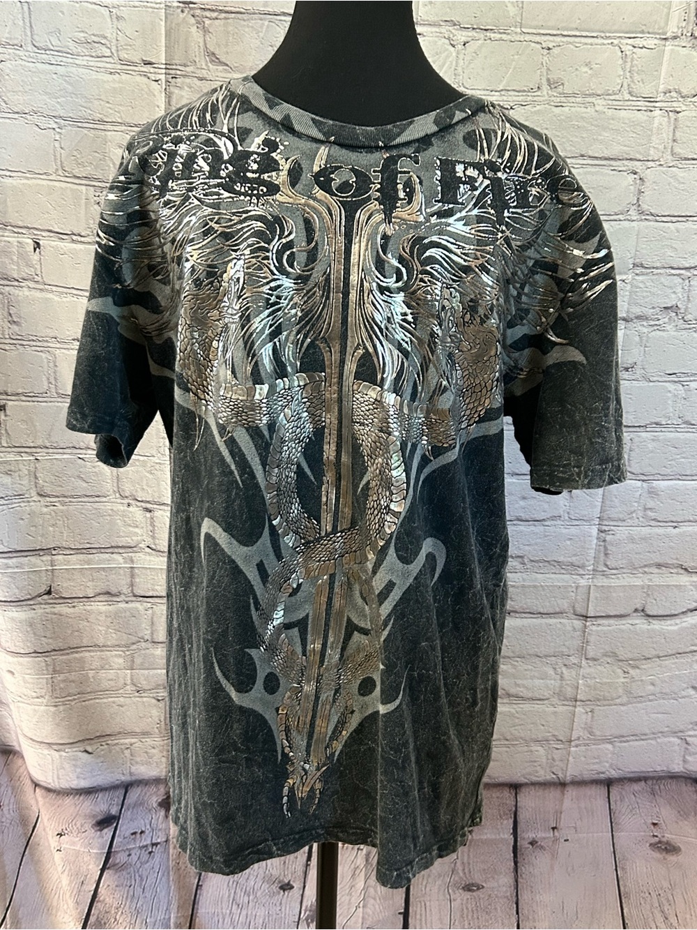 Ring of Fire Black Graphic Dragon Tee with Metallic Accents
